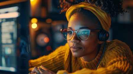 A woman wearing glasses and a sweater with headphones on, AIの素材
