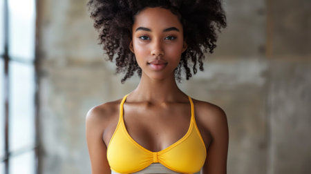 A woman with an afro wearing a yellow bikini top, AIの素材