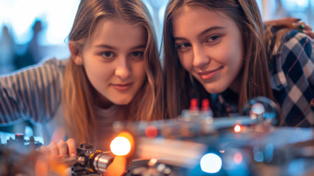 Two girls are looking at a small toy car with lights, AIの素材