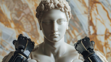 a fictional statue of a woman with two robotic arms holding up her hair, AIの素材