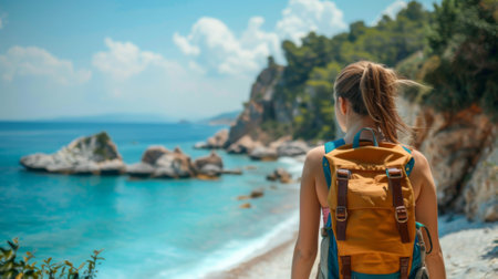 A woman with a backpack on the beach looking at water, AIの素材