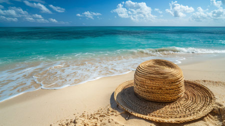 A straw hat on the beach next to a blue ocean, AIの素材