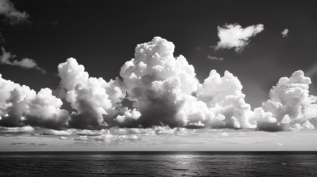 A black and white photo of a large cloud over the ocean, AIの素材