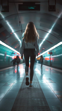 A woman walking down a subway tunnel with people in the background, AIの素材