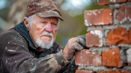 An older man is working on a brick wall with his hands, AIの素材