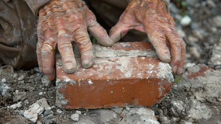 A man is working on a brick with his hands, AIの素材