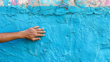 A hand reaching out to touch a blue painted wall, AIの素材
