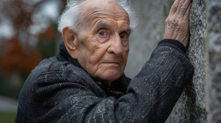 An older man with grey hair and a black sweater is leaning against the wall, AIの素材