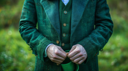 A man in a green coat and hat holding his hand out, AIの素材