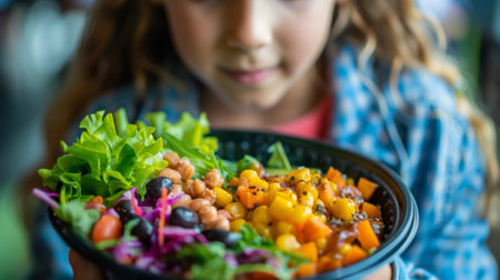 A girl holding a bowl of salad with vegetables in it, AIの素材