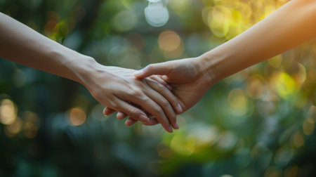 Two people holding hands in front of a blurry background, AIの素材