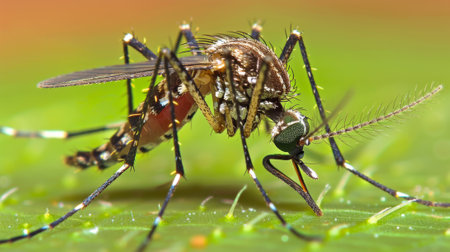 A mosquito with long legs and a black body on top of green grass, AIの素材