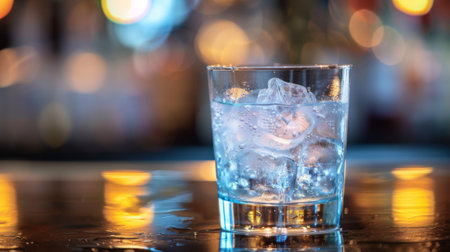 A glass of water with ice on a table in front of blurry lights, AIの素材