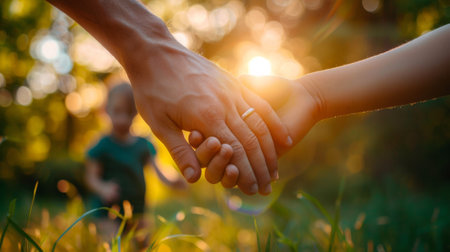 A couple holding hands in a field with the sun behind them, AIの素材