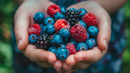A person holding a handful of berries in their hands, AIの素材