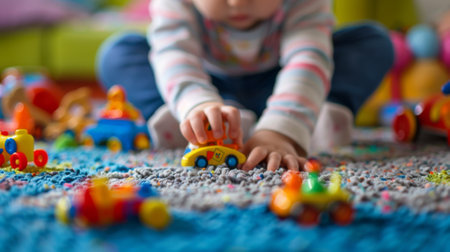A young child playing with toy cars on a carpeted floor, AIの素材