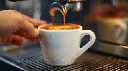 A person pouring coffee into a cup from an espresso machine, AIの素材