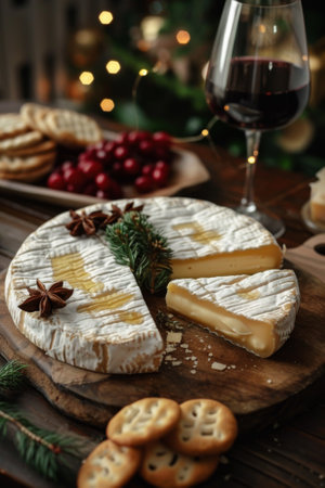 A cheese and crackers on a wooden board with wine, AIの素材