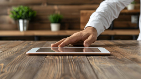 A person touching a tablet on top of wooden table, AIの素材
