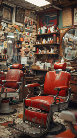 A barber shop with red chairs and mirrors in a room, AIの素材