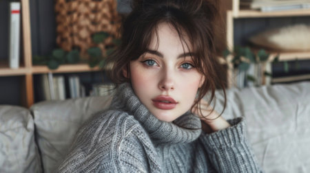 A woman in a grey sweater sitting on the couch, AIの素材
