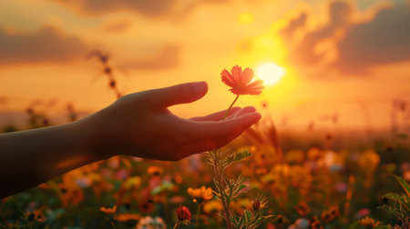 A person holding a flower in their hand at sunset, AIの素材