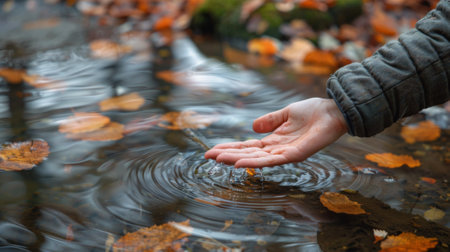 A persons hand is touching water in a small pond, AIの素材