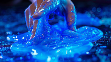 A close up of a hand in blue liquid with some sort of object, AIの素材