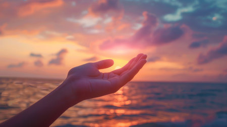 A persons hand reaching out to the sun as it sets, AIの素材