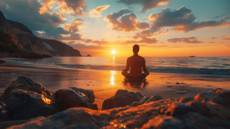 A man sitting on the beach meditating at sunset, AIの素材