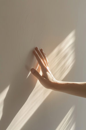 A persons hand reaching out to touch a wall with sunlight coming through, AIの素材