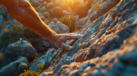 A mans hand reaching up to grab a rock on the side of a mountain, AIの素材