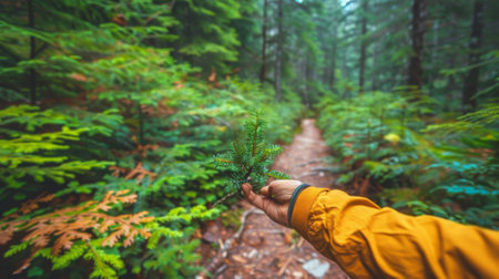 A person holding a small tree in their hand on the trail, AIの素材
