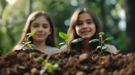 Two girls are smiling while looking at a small plant, AIの素材