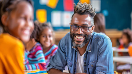 A man smiling while sitting at a table with two children, AIの素材
