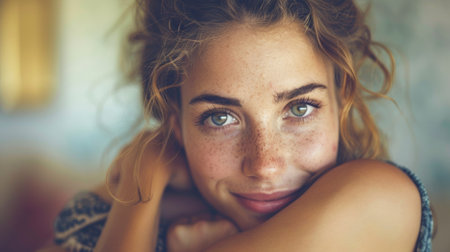 A woman with freckles hugging her arms around herself, AIの素材