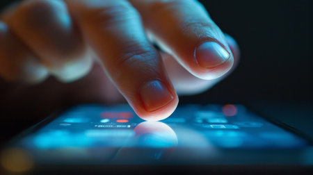 A persons finger on a touch screen of an electronic device, AIの素材