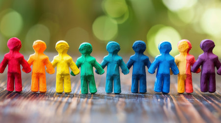 A group of colored toy people holding hands on a table, AIの素材