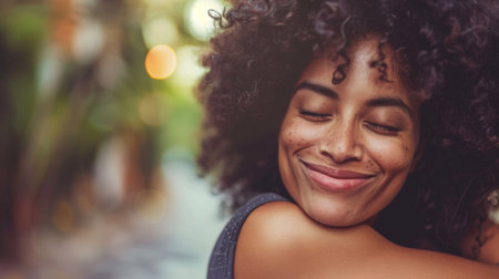 A woman with curly hair smiling and holding her head, AIの素材