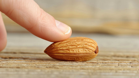 A hand is touching a nut on the table with its finger, AIの素材