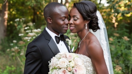 A black man and woman kissing each other in a field, AIの素材