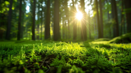 A close up of a green forest with the sun shining through, AIの素材