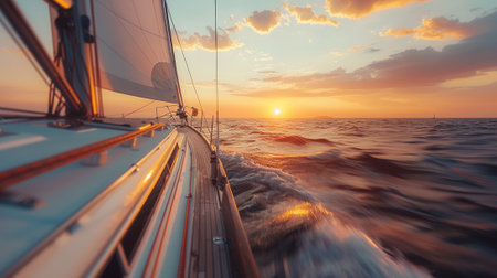A view of a sailboat in the ocean at sunset, AIの素材