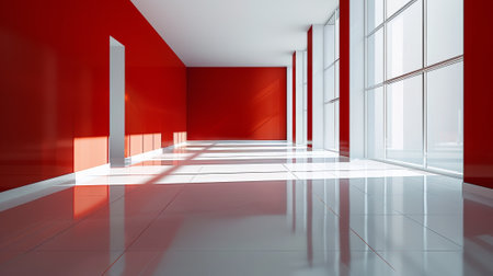 A long hallway with red walls and white flooring, AIの素材