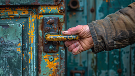 A mans hand holding a door handle on an old rusty building, AIの素材