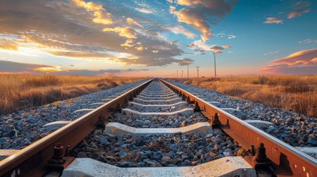 A train track with a sunset in the background, AIの素材
