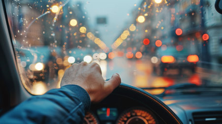 A person driving a car in the rain with traffic lights, AIの素材