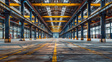A large warehouse with a lot of windows and yellow lines, AIの素材