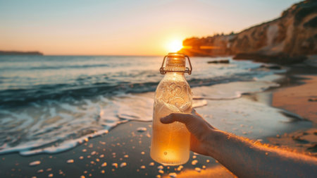 A person holding a bottle of water on the beach, AIの素材