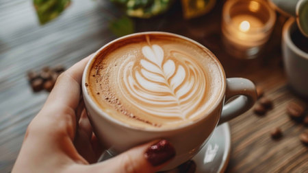 A person holding a cup of coffee with latte art on it, AIの素材